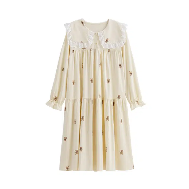 歌倩雅 简约可外穿长裤套头休闲长袖睡裙 女款 浅杏