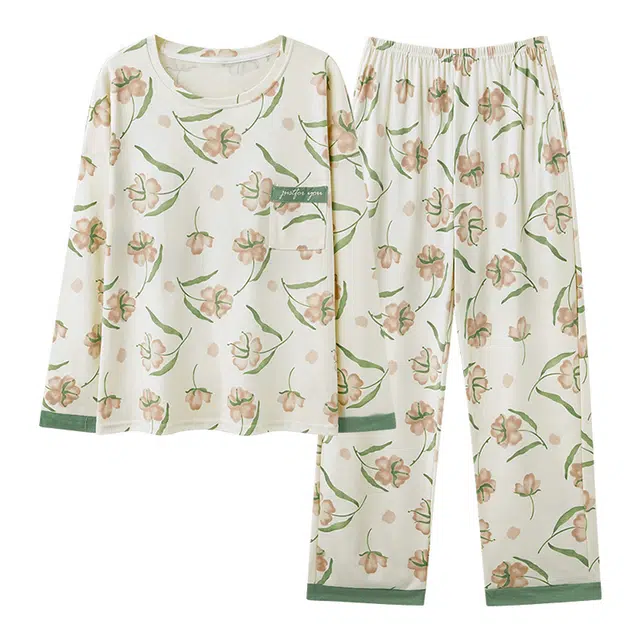 欧迪芬 高雅系列 可爱花朵图案带胸垫上衣薄款长裤睡衣套装 女款 杏色