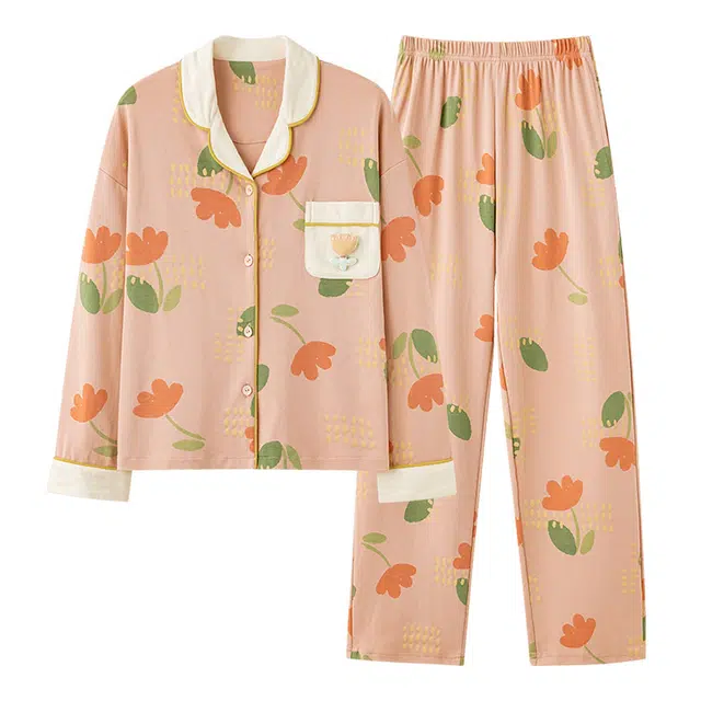 欧迪芬 休闲花朵图案翻领单排扣长袖上衣长裤睡衣套装 女款 橙色