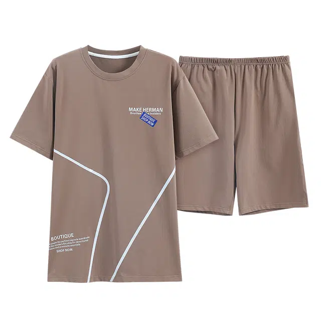 歌倩雅 字母印花圆领套头短袖上衣松紧腰短裤睡衣套装 男款 浅咖色