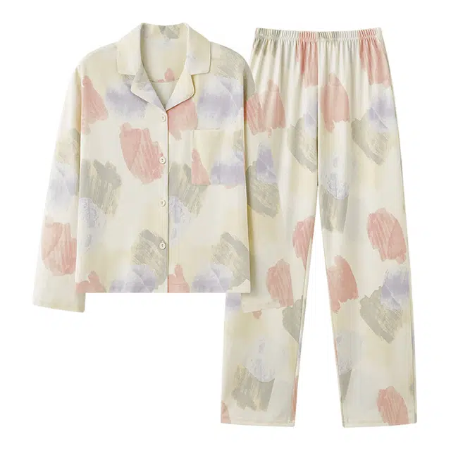 欧迪芬 印花满印翻领单排扣长袖长裤月子服睡衣套装 女款 白色