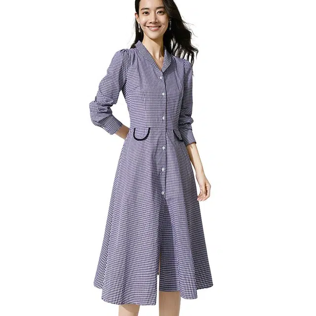 晚白 高腰翻领格纹连衣裙 女款 格子