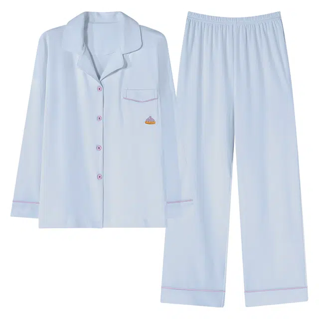 帕兰朵 休闲简约翻领长袖上衣松紧腰长裤睡衣套装 女款 天蓝色