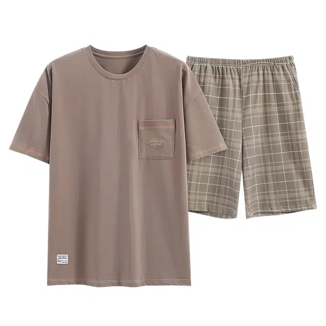 歌倩雅 休闲简约圆领短袖上衣格子五分短裤睡衣套装 男款 驼色
