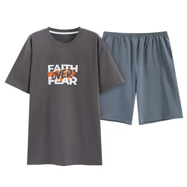 歌倩雅 字母印花圆领套头短袖上衣松紧腰短裤睡衣套装 男款 灰色