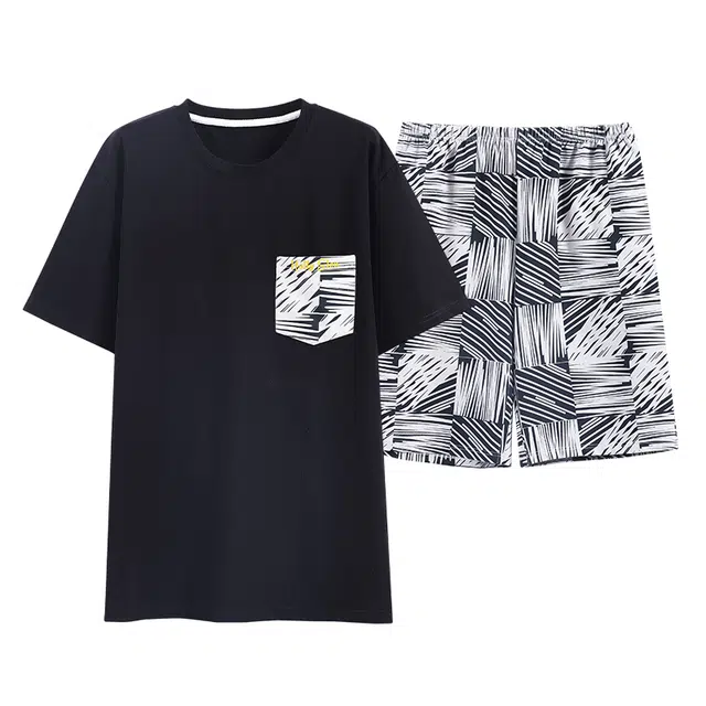 歌倩雅 圆领宽松上衣松紧腰短裤睡衣套装 男款 黑色