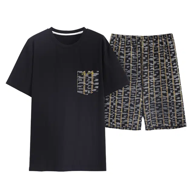 歌倩雅 简约圆领套头短袖短裤透气睡衣套装 男款