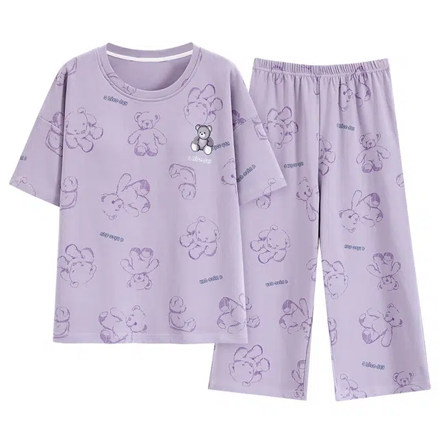 睦隆世家 短袖带胸垫上衣松紧腰长裤睡衣套装 女款 紫色