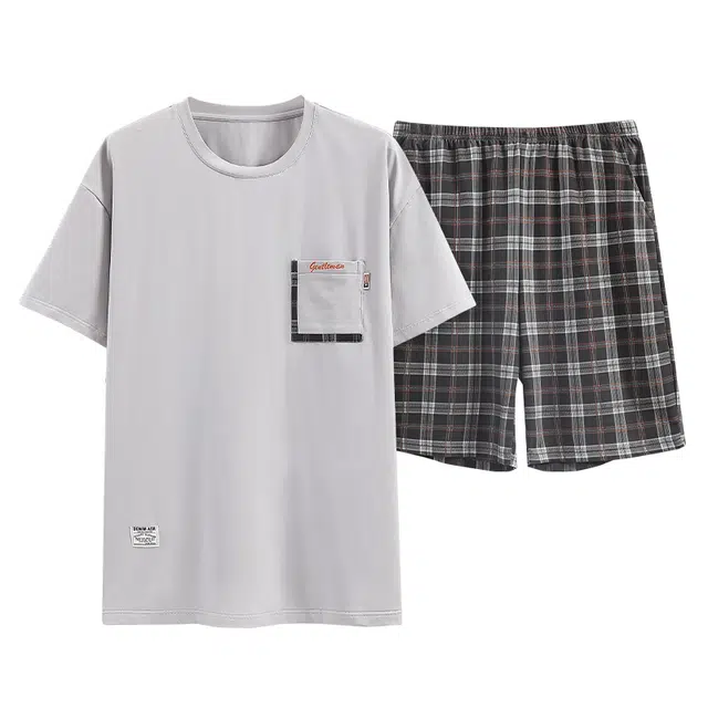 歌倩雅 休闲圆领套头短袖上衣松紧腰格子短裤睡衣套装 男款 灰色