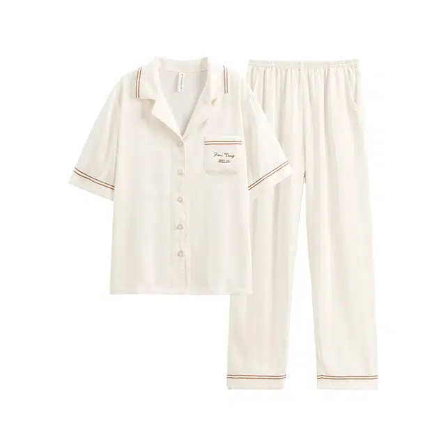 芬腾 宽松休闲开衫家居简约短袖长裤睡衣套装 女款 香槟
