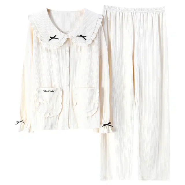 睦隆世家 长袖纯色上衣松紧腰长裤睡衣套装 女款 白色