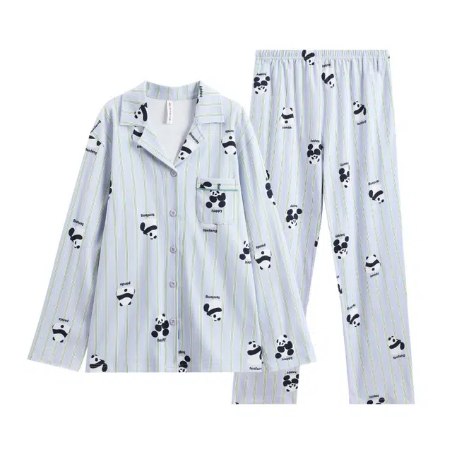 芬腾 休闲翻领长袖上衣中腰长裤睡衣套装 女款 紫条