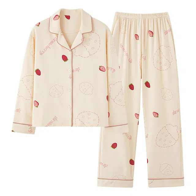 欧迪芬 草莓印花舒适透气单排扣长袖上衣松紧腰直筒长裤睡衣套装 女款 杏色