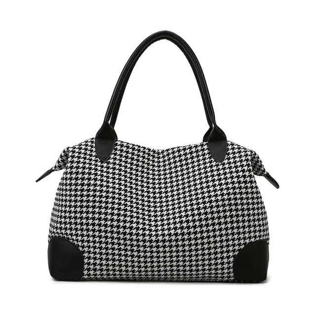 草丛喵喵喵 千鸟格帆布差旅包大容量手提单肩女款 帆布包旅行包短途单肩出游行李袋轻便简约百搭常规 薄荷曼波风流行 多色