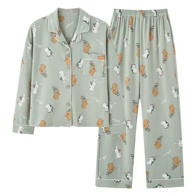 欧迪芬 翻领简约单排扣上衣松紧腰长裤睡衣套装 女款 浅绿色