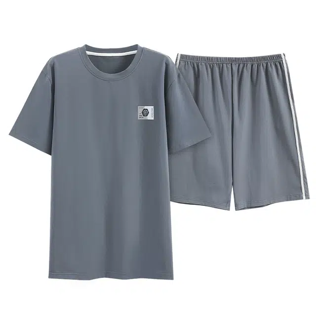 歌倩雅 撞色圆领短袖上衣中腰裤子睡衣套装 男款 蓝色