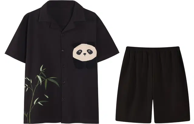 宫蝶 纯棉短袖家居服卡通熊猫立体印花休闲可外穿大码睡衣套装 男款 灰色