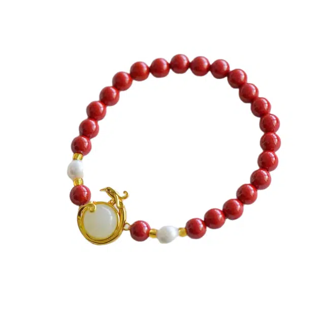 玉临门 国潮鼓面凤凰  和田玉 再造辰砂朱砂 手串 女款