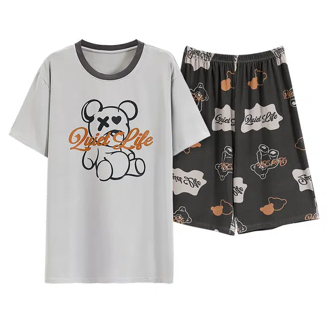 睦隆世家 圆领卡通印花上衣满印松紧短裤睡衣套装 男款 灰色