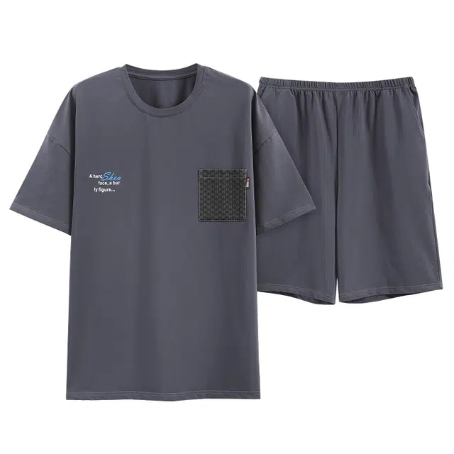 歌倩雅 字母印花圆领套头上衣松紧腰短裤睡衣套装 男款 深灰色