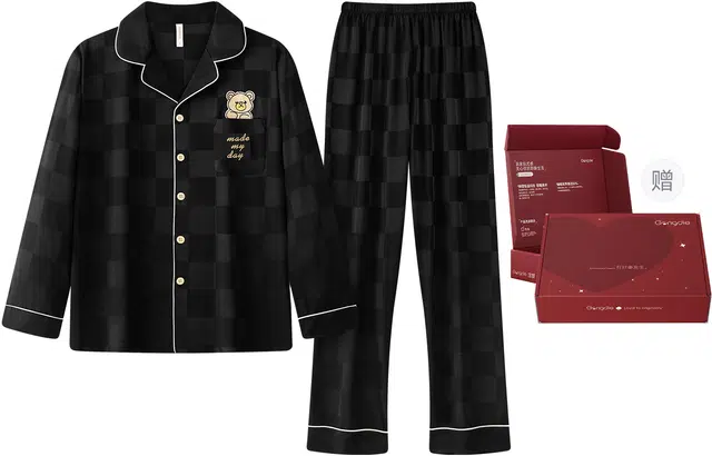 宫蝶 裸感冰丝家居服简约棋盘格休闲可外穿睡衣套装 男款 黑色