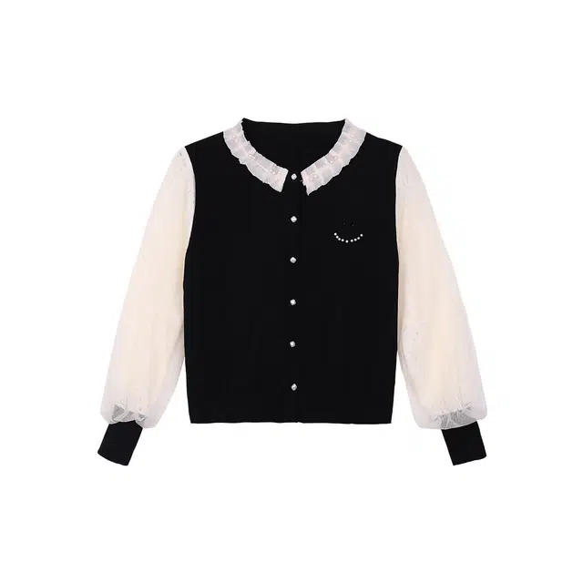 麓蔓蒂 重磅设计感蕾丝珍珠花边拼接长袖开衫上衣百搭甜美公主风针织衫 女款