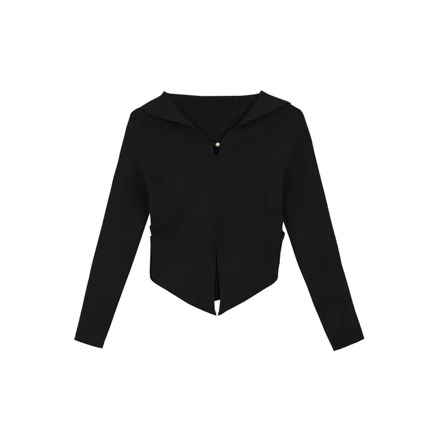 麓蔓蒂 法式翻领下摆开叉不规格金属扣修身纯色长袖打底内搭针织衫 女款