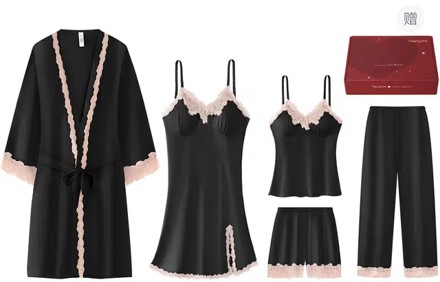宫蝶 冰丝性感纯欲风睡裙五件套长袖晨袍吊带简约家居服睡衣套装 礼盒装 女款