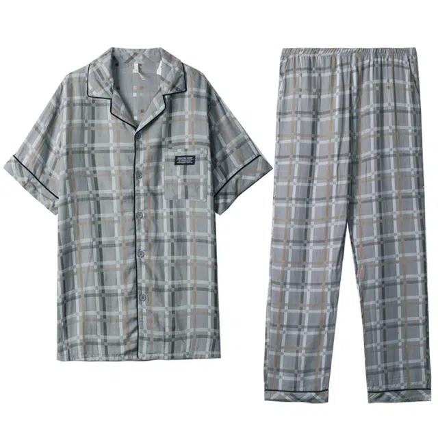 多拉美 格子翻领单排扣短袖睡衣套装 男款 深灰