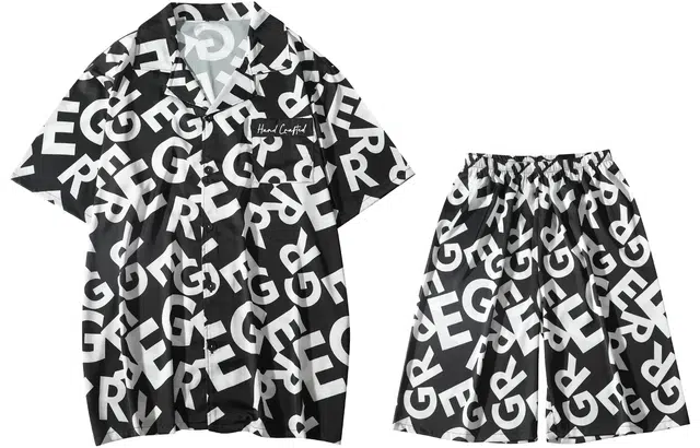 宫蝶 短袖冰丝薄款家居服字母满印休闲可外穿睡衣套装 男款 黑色