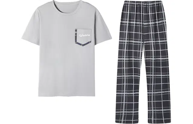 宫蝶 短袖纯棉家居服简约格子休闲长裤可外穿睡衣套装 男款 灰色