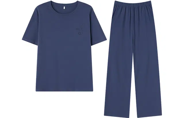 宫蝶 短袖纯棉家居服简约纯色休闲长裤可外穿大码睡衣套装 男款 蓝色