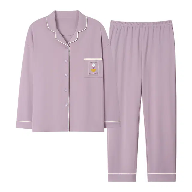 欧迪芬 纯色简约翻领单排扣长袖长裤舒适透气睡衣套装 女款 紫色