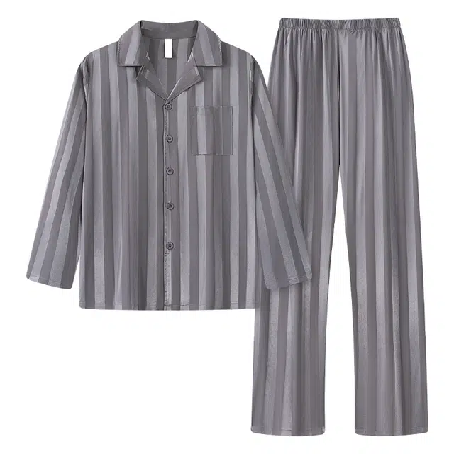 俏薇妮 条纹西装领长袖上衣低腰长裤睡衣套装 男款 灰色
