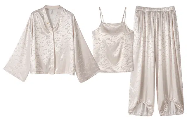 同语 冰丝带胸垫可外穿宽松长袖睡衣套装 女款 月季粉