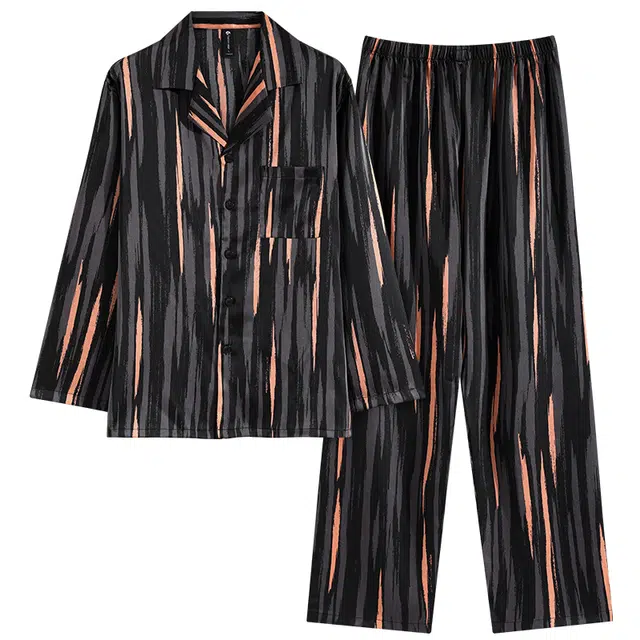 俏薇妮 凉感冰丝睡衣简约时尚不规则条纹高级感翻领休闲可外穿长袖家居服睡衣套装 男款 灰咖