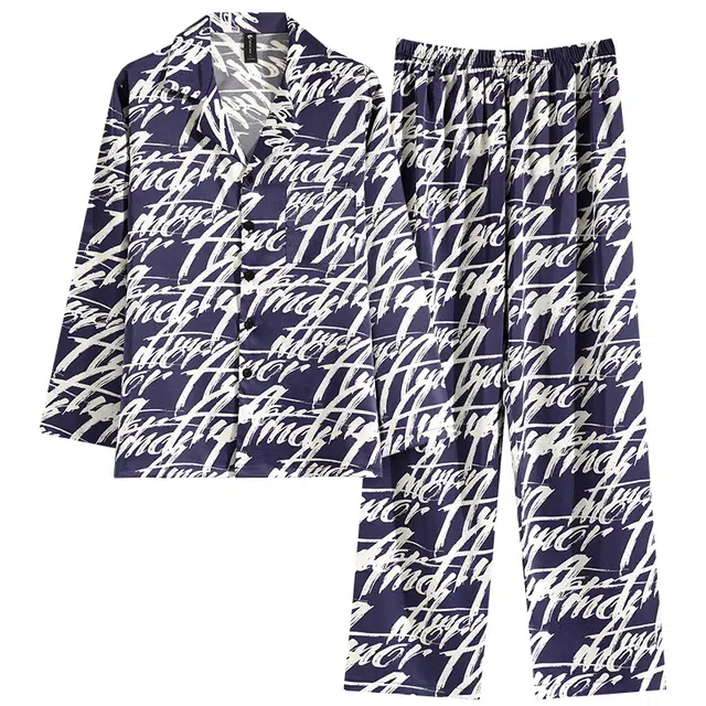 俏薇妮 字母撞色高级感翻领休闲宽松睡衣套装 男款 蓝色