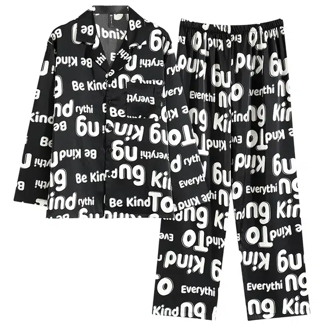 俏薇妮 凉感字母满印休闲宽松长袖睡衣套装 男款 黑色
