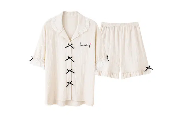 橡柠派 薄款花边公主风可爱短袖短裤睡衣套装 女款 象牙白