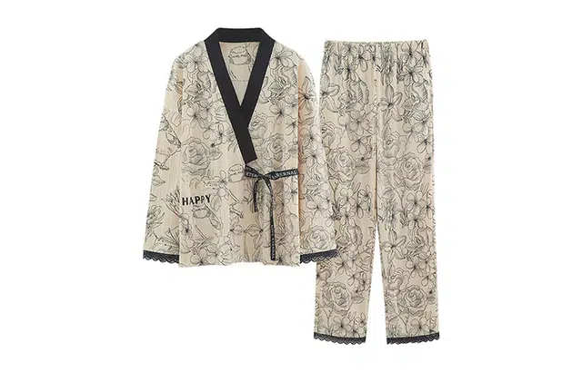 橡柠派 花卉日系简约和服开衫睡衣套装 女款 杏色