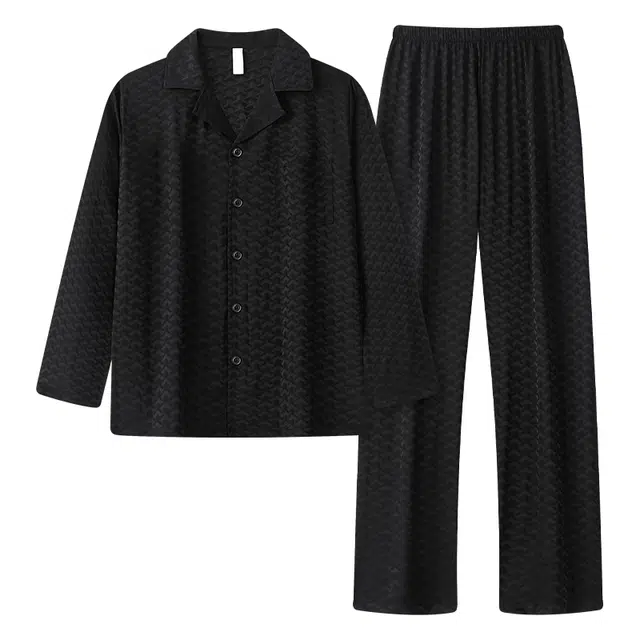 俏薇妮 翻领简约休闲长袖上衣松紧腰长裤睡衣套装 男款 黑色