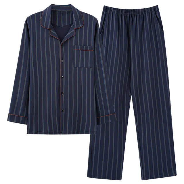 欧迪芬 简约单排扣可外穿长袖上衣松紧腰直筒长裤睡衣套装 男款 深蓝色