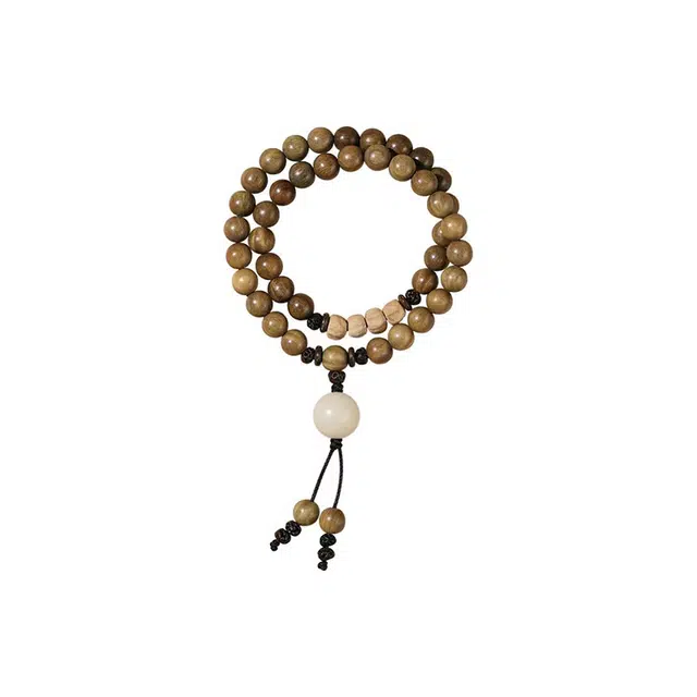 琉堇 国风双圈叠带串珠 中式民族风檀香念珠 复古清香文玩佛珠 绿檀 木作手串 男女同款情侣款 檀木