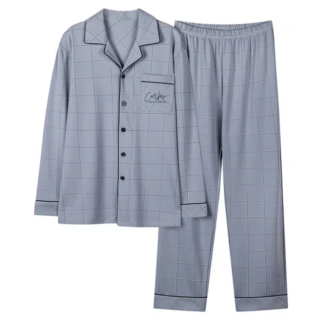 欧迪芬 家居格子图案开衫翻领长袖长裤睡衣套装 男款 天蓝色