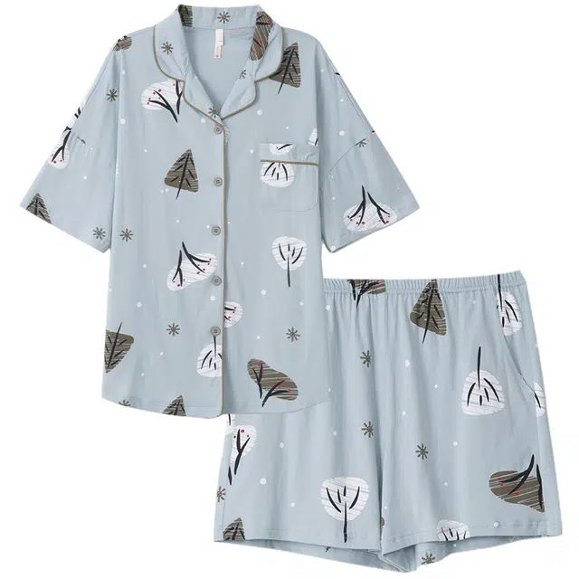 多拉美 植物印花满印小翻领短袖短裤睡衣套装 女款 灰蓝