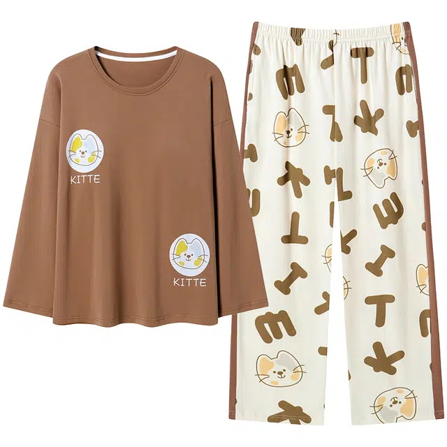 帕兰朵 长袖套头圆领中腰简约可外穿睡衣套装 女款 亚麻色