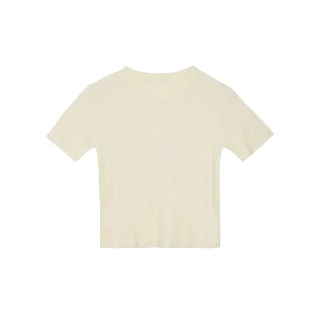 麓蔓蒂 圆领短袖腰部拼接修身显瘦简约休闲通勤纯色打底内搭短款上衣针织 女款