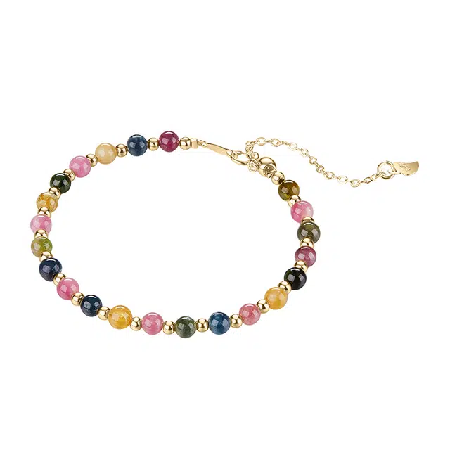 迷颂玛 夏日少女招桃花小手链 自然几何小颗粒七彩 创意小众高级感设计 时尚仪式感气质简约 碧玺 闺蜜百搭生日水晶手串礼品 女款