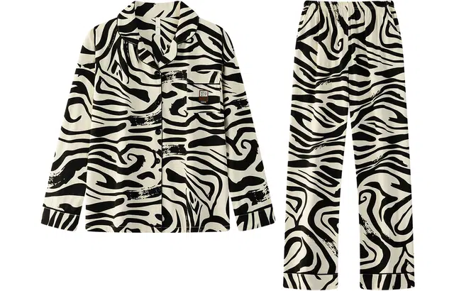 宫蝶 简约可外穿斑马纹长袖上衣松紧腰直筒长裤睡衣套装 女款 黑白色