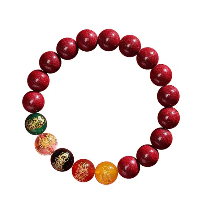 岁月静好 新中式国潮复古民族风本命年五路财神玛瑙 再造辰砂朱砂 玉石手串 男女同款情侣款